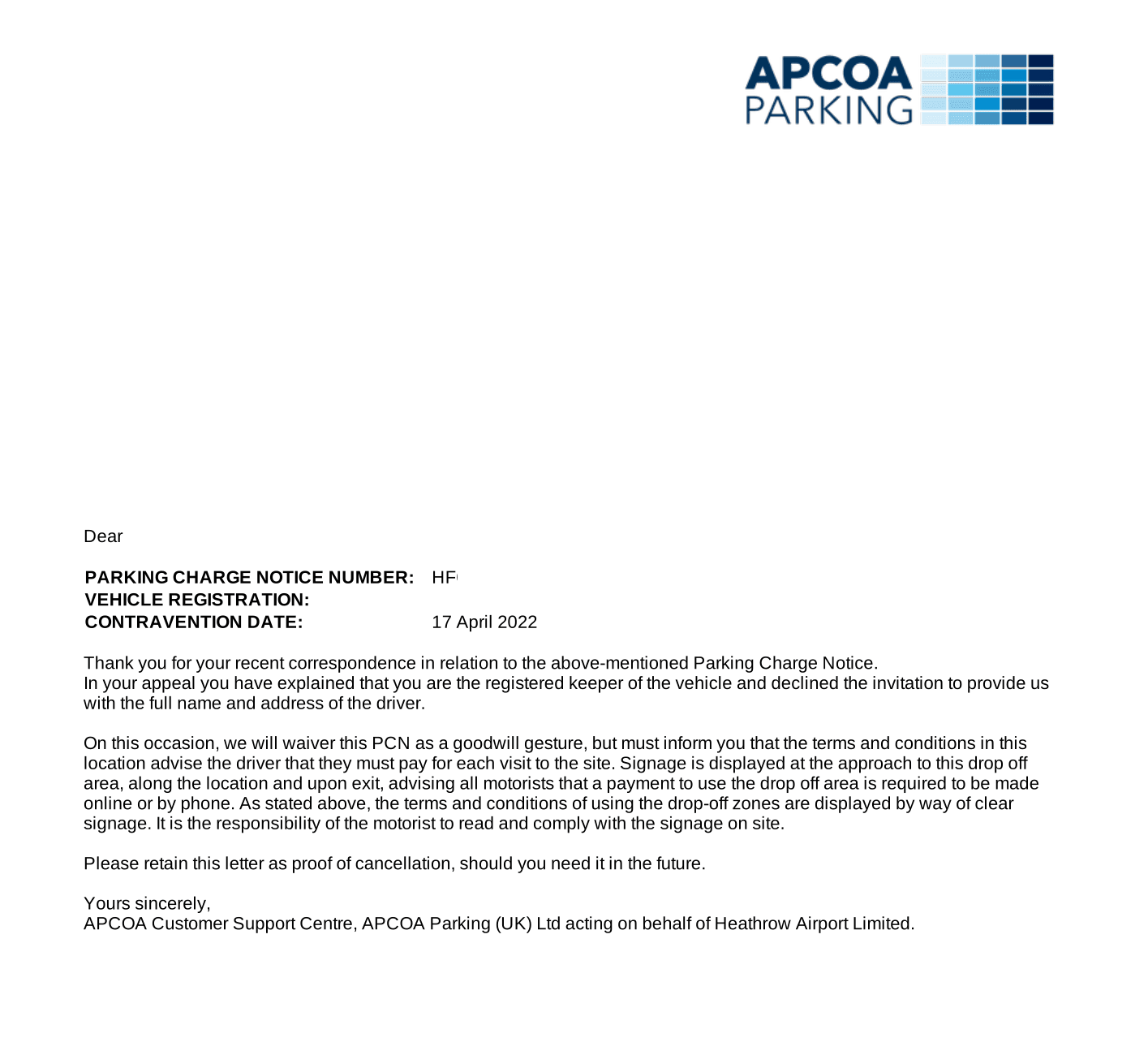 APCOA Parking Charge Cancelled