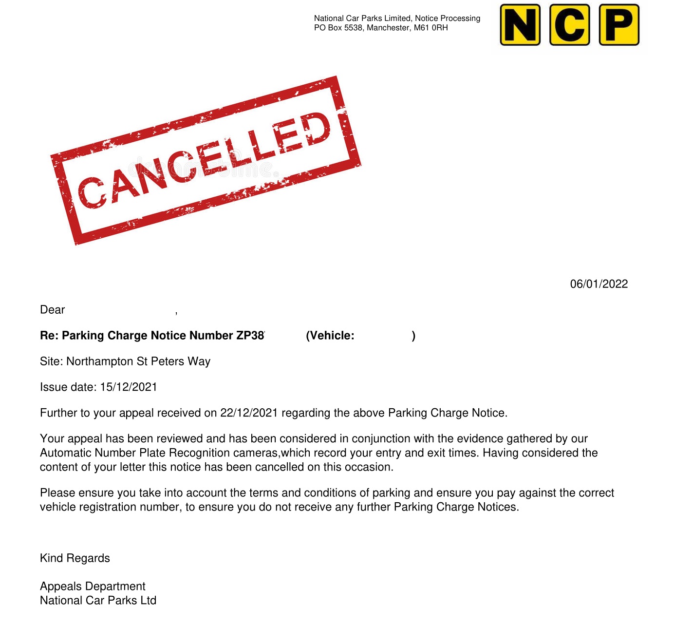 NCP Charge Cancelled