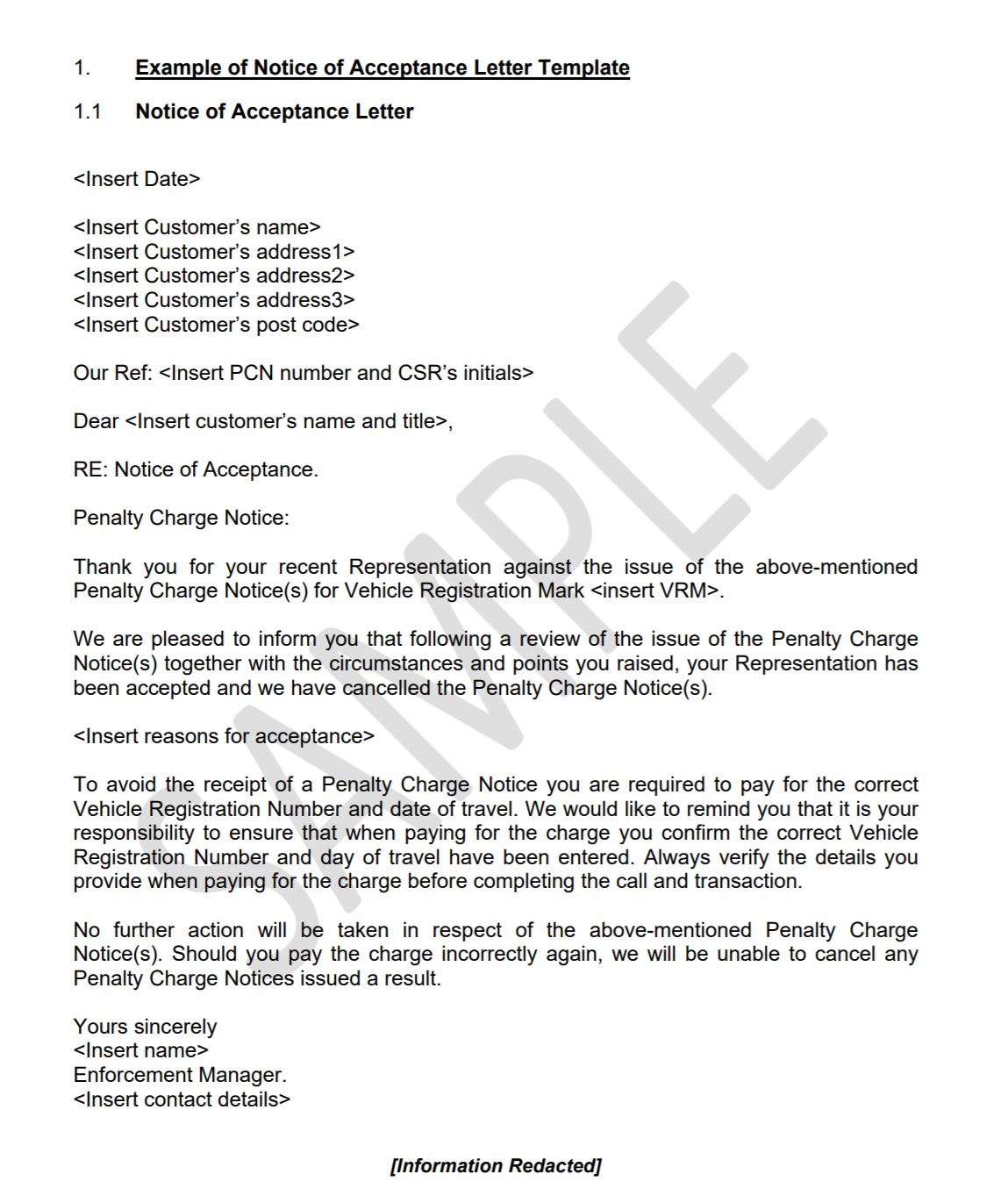 Notice of Acceptance (Penalty Charge) - Parking Mate UK In Pcn Appeal Letter Template