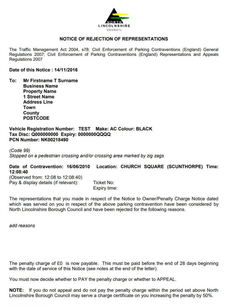 Notice Of Rejection (Penalty Charge) - Parking Mate UK