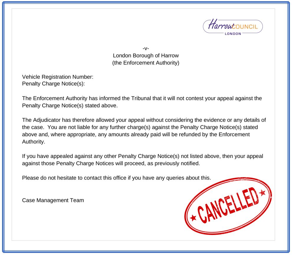 harrow penalty charge cancelled